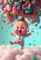 illustration of cute baby character and a lot of lollipops flying around, background confectionery photo