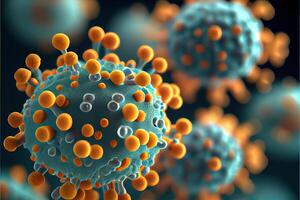 illustration of illness respiratory virus flu outbreak 3D medical illustration. Microscopic view of floating influenza virus cells. Neural network generated art. photo