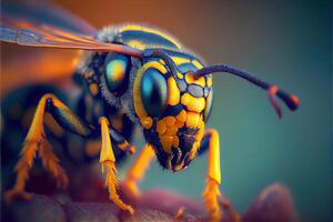 illustration of Super macro portrait of a wasp on a black background. Full-face macro photography. Large depth of field and a lot of details of the insect. photo