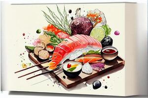 illustration of knolling japanese cuisine food, watercolor paint style, set of asian food photo