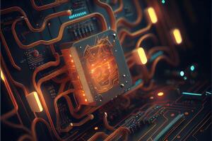 illustration of macro shot of circuit cyberspace board with computer motherboard component microchip with chip structure. Neural network generated art. photo