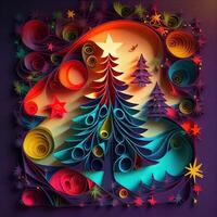 illustration of photo paper cut quilling multidimensional paper cut, craft paper illustration, christmas tree and colored lights vine stars, pop color. Neural network generated art.