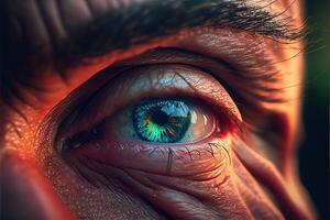 illustration of sadness is seen deep inside, mirroring, hyper realistic, colorful, cinematic lighting, close macro photo shot of an eye of old man.
