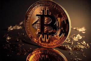 illustration of stunning rendering of a gold bitcoin, shiny golden texture with beautiful reflections, cinematic lighting photo