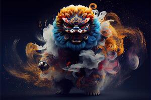 illustration of anthropomorphic traditional Chinese lion dance, big round eyes, plump body, Chinese Spring Festival, luminous particles, smoke photo