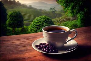 generativo ai ilustración de taza de café y café frijoles en antiguo de madera mesa y el plantaciones té colina antecedentes foto