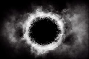 illustration of white smoke exploding outwards with empty center. Dramatic smoke or fog effect for spooky, hot lighting ring circle photo