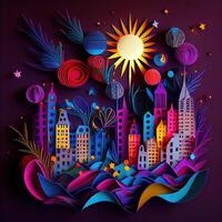 illustration of Photo paper cut quilling multidimensional paper cut, craft paper illustration, fireworks and beautiful city in new year eve, national day with colored lights, pop color.