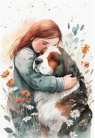 illustration of Girl hugs Bernese mountain dog, simple naive watercolor illustration photo