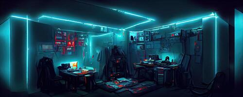 illustration of messy and dark cyberpunk hacker hideout room with lights photo