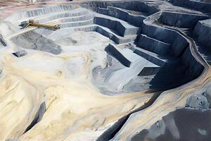 illustration of an aerial panorama of an anthracite coal mine, showcasing a big yellow mining truck collecting rocks in an open pit mine photo