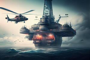 illustration of an offshore oil platform, with a helicopter parked on top of it and a bright flare burning in the background photo