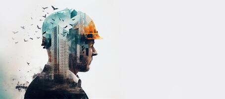 illustration of building construction engineering project devotion with double exposure design in head. Industrial and architecture. Neural network generated art. photo