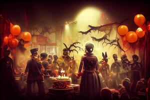 illustration of Colorful halloween indoor party, children playing on night halloween street, creepy castle, american neighborhood background. Digitally generated image. photo