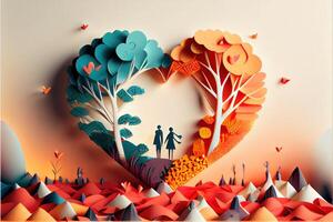 generativo ai ilustración de origami enamorado día fondo, contento pareja, vistoso. papel cortar artesanía, 3d papel estilo. neural red generado Arte. digitalmente generado imagen foto