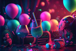 illustration of New Year's Eve party background, pop color, group of people dancing and joyful, countdown, neural network generated art. Digitally painting, generated image. photo