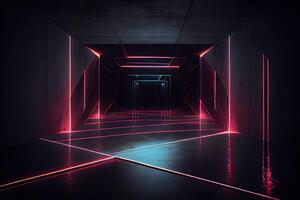 illustration of an abstract dark neon geometric background, set inside a dark and empty room with glowing laser lines on the walls, a wet concrete floor, with neon light reflections photo