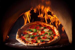 generativo ai ilustración de italiano Pizza es cocido en un a leña horno. foto