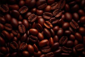 illustration of Roasted Coffee Beans Closeup On Dark Background, blurred background photo