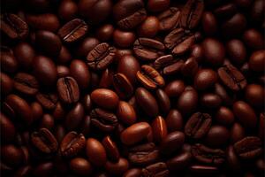 illustration of Roasted Coffee Beans Closeup On Dark Background, blurred background photo