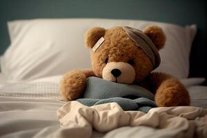 illustration of a teddy bear laying in bed and feeling sick photo