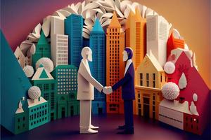 Business man in the city background, colorful. Business handshaking, successful concept. Paper cut craft, 3d paper illustration style. Neural network generated art. photo