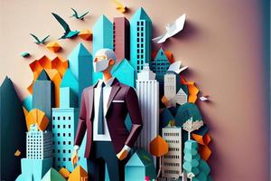 Business man in the city background, colorful. Business handshaking, successful concept. Paper cut craft, 3d paper illustration style. Neural network generated art. photo