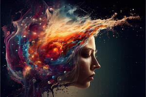 illustration of annual collective mind concept art, exploding mind, inner world, dreams, emotions, imagination and creative mind, the pouring energy of the universe photo