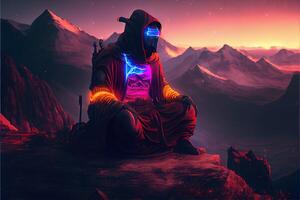 illustration of an advanced monk robot cyborg doing yoga on the mountain, zen lighting photo