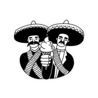 Humorous Cute Mexican Desperados holding ice cream instead of gun. Isolated doodle vector Illustration in black over white. Hipster sticker.