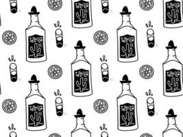 Cinco de Mayo seamless pattern with doodle style Mexican symbols - tequila bottle, glass, lime. Linear hand drawn balck and white Sketch. For wallpaper, web page background. Vector illustration.