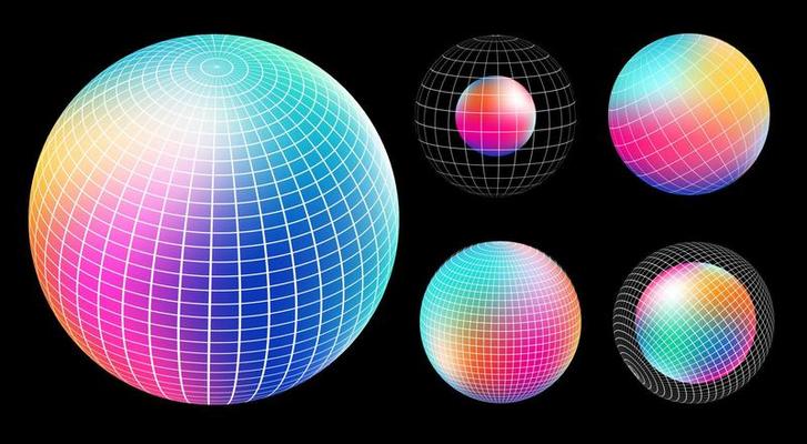Gradient Spherical Grid set, holographic vibrant round icon. Multicolor buttons can be used in banner, social media, web, as design element.