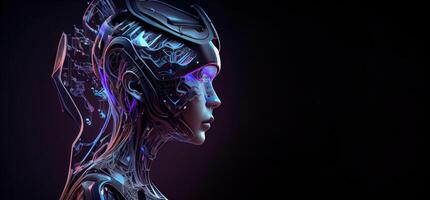 illustration of Metaverse concept and virtual world elements. Side view of human face in augmented or virtual reality headset inside the metaverse photo
