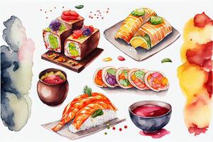 illustration of knolling japanese cuisine food, watercolor paint style, set of asian food photo