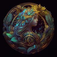 illustration of cyberpunk Zodiac sign with a forest growing on shoulders, galaxy, centered inside intricate gold circle of foliage photo