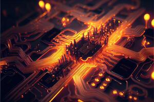 illustration of macro shot of circuit cyberspace board with computer motherboard component microchip with chip structure. Neural network generated art. photo