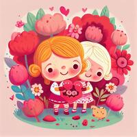 illustration of An adorable and endearing cartoon character for Valentine's Day, love, hearts, flowers, romance, happy, cheerful, joyful, fun, playful, lighthearted, sweet photo