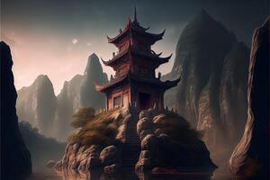 generativo ai ilustración de fantasía antecedentes con misterioso antiguo chino templo en montañas. digital obra de arte chino estilo. juego de azar y Arte concepto. foto