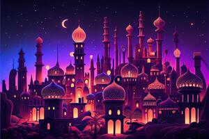 illustration of Fairy - tale Arabian night city with towers and mussels. Night neon oriental city. Fantasy urban arabic landscape photo