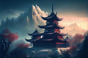 illustration of Fantasy background with mysterious ancient Chinese temple in mountains. Digital artwork. Chinese style. Gaming and art concept. photo