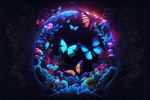 illustration of Abstract neon background with flowers and butterflies. Abstract fantasy floral sci - fi neon portal, neon illumination. Plant light neon tunnel with butterflies. photo