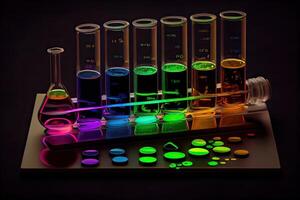 illustration of the periodic chart are test tubes and flasks used in laboratories with colored liquids photo