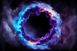 illustration of neon smoke exploding outwards with empty center. Dramatic smoke or fog effect for spooky, hot lighting ring circle photo