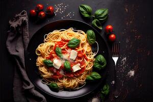 illustration of tasty appetizing classic italian spaghetti pasta with tomato sauce, cheese parmesan and basil on plate on dark table. View from above photo