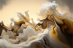 illustration of abstract fluid composing waves of varying sizes and colors is divided into layers, taupe, ivory, white, beige, and soft gold colors, gold glitter photo