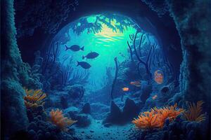 illustration of underwater world at the depth of the ocean. Underwater gorges and tunnel, organisms and fish. Underwater deep world, sea darkness, algae glow, blue neon, corals. photo