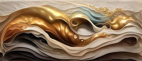 illustration of abstract fluid composing waves of varying sizes and colors is divided into layers, taupe, ivory, white, beige, and soft gold colors, gold glitter photo