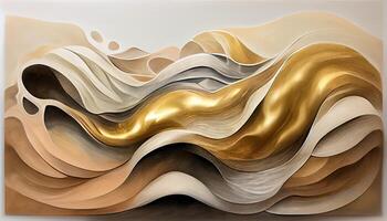 illustration of abstract fluid composing waves of varying sizes and colors is divided into layers, taupe, ivory, white, beige, and soft gold colors, gold glitter photo