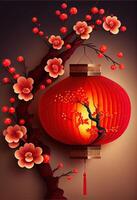 illustration of Chinese traditional red festival background with a chinese red plum blossom, lantern, spring festival, new year, chinese traditional culture element photo