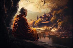 illustration of Buddhist monk in meditation beside the river with beautiful nature background photo